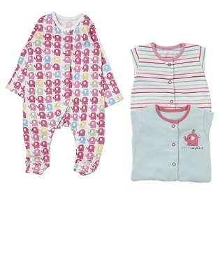 Girls Elephant Sleepsuits - 3pk