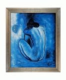 Art Reproduction Oil Painting - Picasso Paintings: Blue Nude with Silver Scoop with Swirl Lip - Silver Frame with Champagne Highlights - 25 X 29 - Hand Painted Framed Canvas Art
