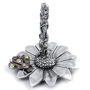 Pewter Flower Ring Holder with Austrian Crystal Bee Accent