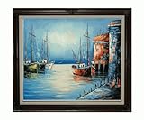Art Reproduction Oil Painting - Harbor Scenes: Fishing Boats; Late Afternoon with Vintage Cherry Frame - Cherry Finish - 26