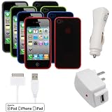 EZOPower USB Hotsync & Charging Data Cable + USB Travel Charger Adapter + USB Car Charger Adapter + 4 PCs Durable Soft Gel Cover Case (Red + Black + Blue + Green) for Apple iPhone 4 4G 16GB / 32GB 4th Generation