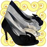 T6K Womens Satin Diamante Bow Mid Heel Bridal Wedding Party Ladies Sandals Shoes
