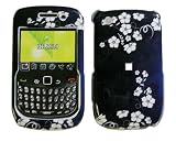 White Hawaii Flowers on Black with Purple Swirl Snap on Hard Skin Cover Case for Blackberry Curve 8520 8530 + Microfiber Cell Phone Bag