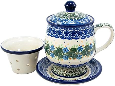 Polish Pottery 11 Ounce Teacup With Infuser, Saucer and Cover 4 pc Set Handmade Tea Infuser Poland Traditional Stoneware Pattern 1898