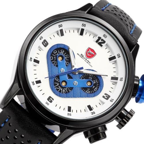 New Watch Shark Hot Fashion Men Outdoor Sport Date Day Quartz Leather Military Wrist Watch (Blue)