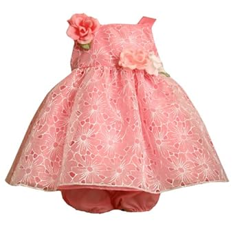 Bonnie Jean Baby/NEWBORN 3M-9M 2-Piece CORAL-PINK EYELET EMBROIDERED SHEER ORGANZA OVERLAY Special Occasion Flower Girl Easter Party Dress