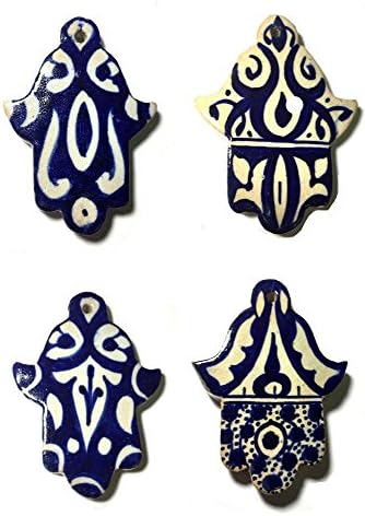 Moroccan Khamsa Hand Lucky Amulet Glazed Ceramic Mosaic Tile Hang Wall Blue