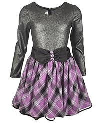 Girls Metallic   Plaid Print Long Sleeves  Dress With a Bow(s) and Rhinestones