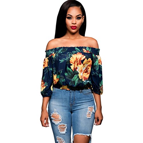 Sunward(TM) Women Sexy Strapless Off Shoulder Sleeve Embroidered Blouse (Large, Blue)