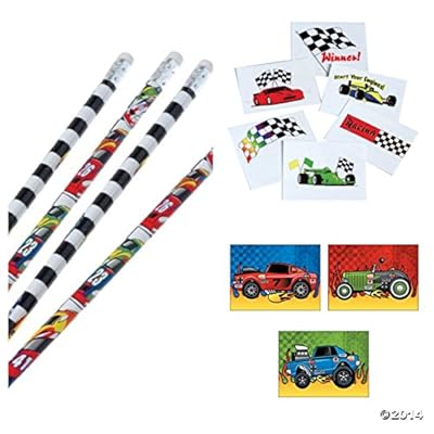 Cool RACE CAR - Racing - PARTY FAVORS Set - 144 TATTOOS - 12 PENCILS - 12 Make a Race Car Sticker Sheets - NASCAR - INDY Classroom Give-aways - TEACHER Incentives