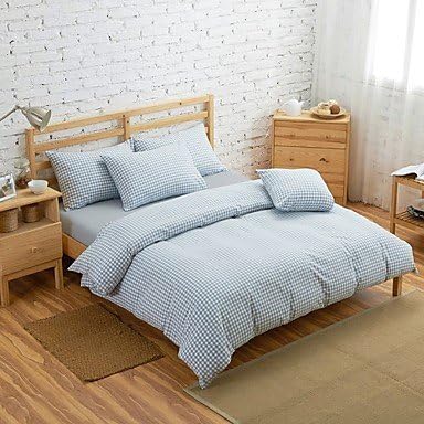 Shanshan Set Of 4 Muji Style 100% Cotton Blue Small Lattice Duvet Covers