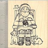 Santa with Pets Rubber Stamp - Wood Mounted