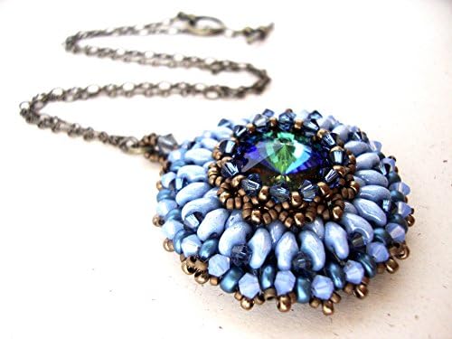 Blue Super Duo And Swarovski Crystal Beadwoven Necklace - 3D Handmade Bead woven Round Pendant - Gifts for her - Beadwork Medallion Jewelry