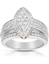 1 Carat Marquise Halo 3 Row Diamond Ring in 14k White and Yellow Gold