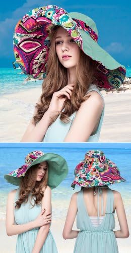Sanna Ladies Self Tie Double-Sided UPF 500+ Sun Protective hat Vintage Floral Print Boho Exotic Summer Beach Wide Brim Travel Hat Cap (Green)