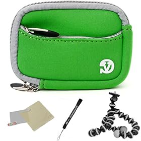 GREEN WITH GRAY TRIM Neoprene Protective Durable Mini Glove Pouch For Bell And Howell Digital Point and Shoot Compact Photo Camera Fit Models: Splash / WP5-BK / WP5-R WP5 / WP5-S / WP7-BK / WP7-BL / WP7-P + Includes a Universal Anti-Glare Screen Protector Guard + Includes 6 Inch Mini Tripod + Includ