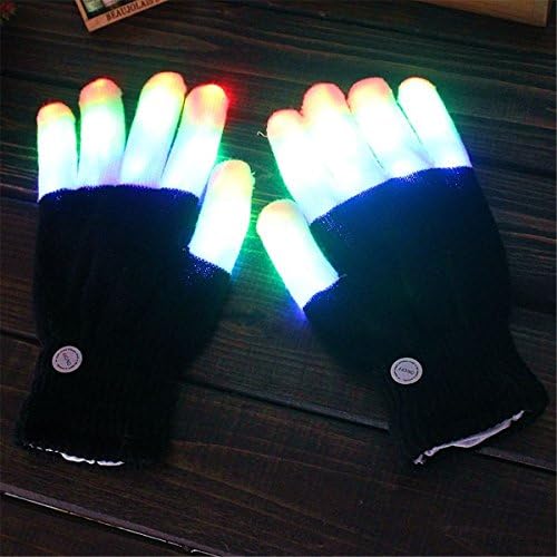 Fonxian Novelty Christmas Gift 7-mode LED Gloves Rave Light Finger Lighting Flashing Glowing Unisex Gloves - One Pair (Black, White Fingers)