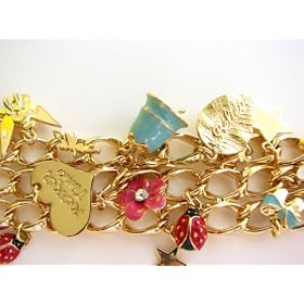 Disney Couture Gold Plated Multi Row Charm Bracelet With Enamel Charms Kidada Jone's Tinkerbell...