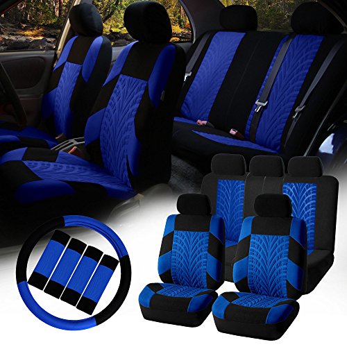 FH-FB071115 Complete Set Travel Master Seat Covers Airbag Ready & Rear Split with Steering Wheel Cover, Seat Belt Pads Blue- Fit Most Car, Truck, Suv, or Van