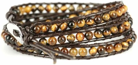 Blueyes, "Confident" Tiger Eye Gem Beads on Genuine Leather Bracelet, 3 Wraps, 4mm/bead