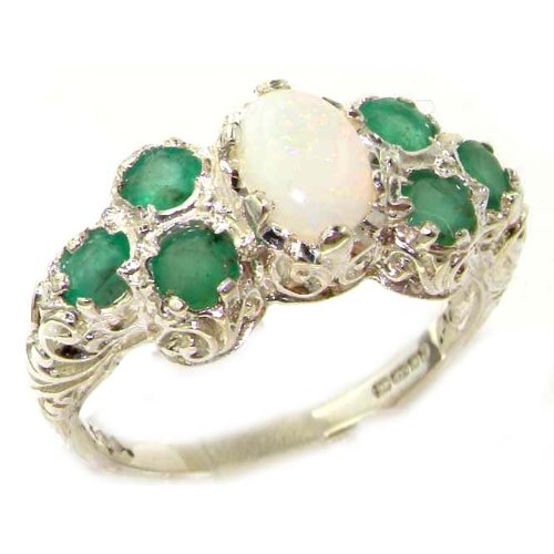 Solid English Sterling Silver Womens Large Opal & Emerald Art Nouveau Ring - Finger Sizes 5 to 12 Available