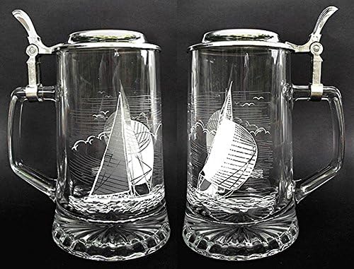 Sailing Etched German Glass Beer Stein