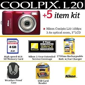 Nikon Coolpix L20 10MP Digital Camera (Deep Red) With Coolpix 4GB Accessory Kit Includes 4GB Memory + 2 Year Nikon Extended Warranty + Case + AA Batteries and Charger + More