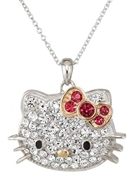 Hello Kitty by Simmons Jewelry Co. Czech Crystals Flat Pave Face and Red Crystals Girls Pendant Necklace