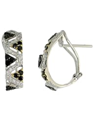 14k White Gold Triangular Pattern French Clip Earrings, w/ 1.00 Carat Brilliant Cut White & Black Diamonds, 3/4" (19mm) tall