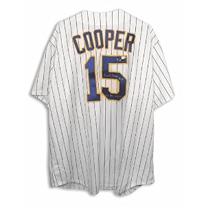 Buy Autographed Cecil Cooper Milwaukee Brewers Pinstripe Majestic Throwback Jersey Inscribed 2X RBI...