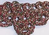 Scott's Cakes Mini Chocolate Covered Pretzels with Christmas Color Non-Pareils in a Large Warm Wishes Tin