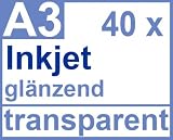 Inkjet Klebefolie 40 x DIN A3 transparent glänzend, klar - Glasklar - Druckerfolie zum bedrucken mit Tinte