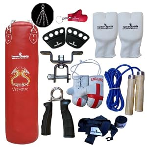 Quality Synthetic Leather Punch Bags Red Set 5 Foot With Free Chrome Plated Chain, Bag Mitts, Heavy Dute Metal Ceiling Hook, Nylon Skipping Rope Blue, Knuckle Guard Fist Protector, Protection Boxing Glove UK Flagged Miniature And Novelty, Kick Boxing Glov
