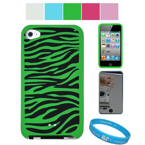 Premium Zebra Design Protective Soft Silicone Skin Cover for Apple iPod Touch 4th Generation + Mirror Screen Protector for iPod Touch 4th Generation + SumacLife TM Wisdom Courage Wristband, Green Zebra