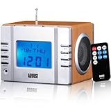 IMAGE OF August MB300 Mini Wooden MP3 Musicbox with FM Clock Radio, Card Reader, USB & AUX (3.5mm Audio In) Jacks, 2 x 3W Hi-Fi Speakers and Built-in Rechargeable Battery