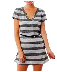 Thigh Length Striped Print Belted Metallic/Nylon/Polyester/Rayon Short Sleeves  Dress