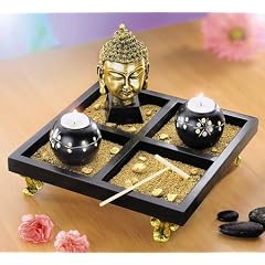 Zen Buddha Garten Schwarz Gold Holz Kunststein + Sand + Dekomaterial