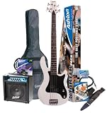 Ashton AB2WH Starter Electric Bass Guitar with Practice Amplifier and Built-In Tuner - White
