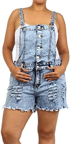JB1508 - High Waist Plus Size Acid Wash Ripped Denim Jumper Short Overall in Washed M. Blue Size 1XL