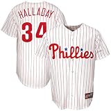 MLB Youth Philadelphia Phillies Roy Halladay White/Scarlet Pinstripe Home Short Sleeve Replica Button Front Jersey By Majestic (White/Scarlet Pinstripe, Medium)