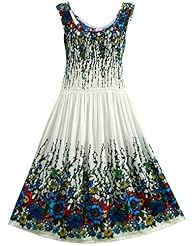 Rayon Vintage Shirred Sleeveless Round Neck  Dress