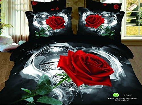 4 Piece Bedding Sets Queen Size, carehealth Home Textile New Arrival 300-Thread-Count 3D Reative Printing Cotton Bedding Ensembles with Duvet Cover, Sheet and Pillows (Wild Black and Red Rose, Suit for Girl, Teenagers and Woman, Set of 4)