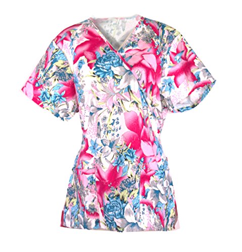 G Med Women's Printed Mock Wrap V Neck Back Tie 2 Pockets Scrub Top
