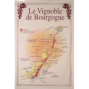 Burgundy (Bourgogne) Region Wines map instructional and Pictorial on Printed Towel. Terroirs de France Tea Towel