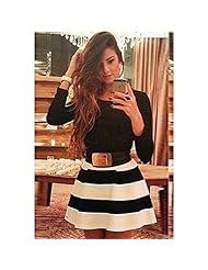 Sexy Striped Print Belted Long Sleeves  Dress