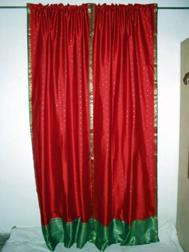 2 Candy Apple Red with Emerald Green Silk Sari Curtains Panel 96"