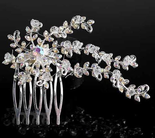 Elegant Silver Tone and Faux Rhinestones Flower Hair Comb for Wedding, Prom, Pageant, Quinceañera or Other Special Event
