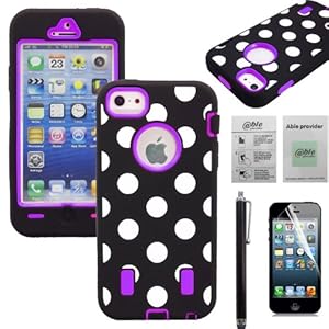 APT® Polka Dot Defender Body Rugged Armor High Impact Extreme Heavy Duty Hybrid Case Cover for iPhone (Purple, iphone 5)