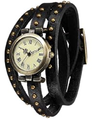 Women Lady Retro Vintage Weave Rivet Leather Band Quartz Bracelet Wrist Watch Black