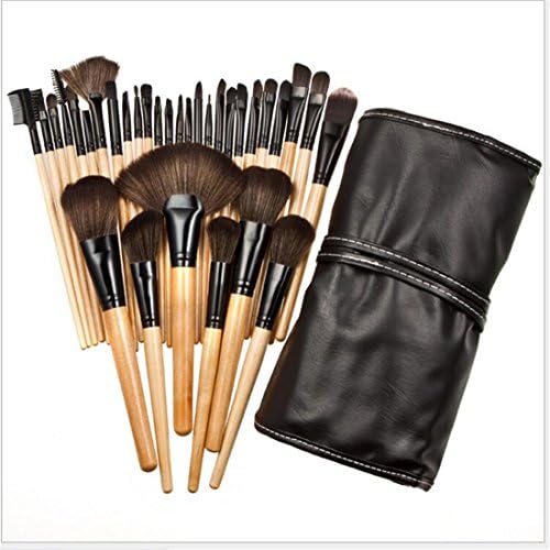 Aliliya Professional 32PCS Premium Luxurious Synthetic Hair Kabuki Makeup Brush Set Cosmetics Foundation Blending Blush Face Powder Brush Makeup Brush Kit With Bag (Black Wood Yellow)